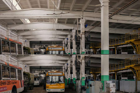 Repairing of old trolleybus in the repair workshop.のeditorial素材