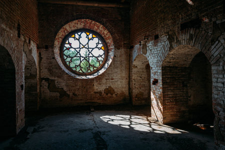 Round stained glass window in old abandoned castle.