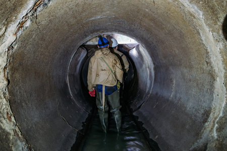 Sewer tunnel worker examines sewer system damage and wastewater leakage.