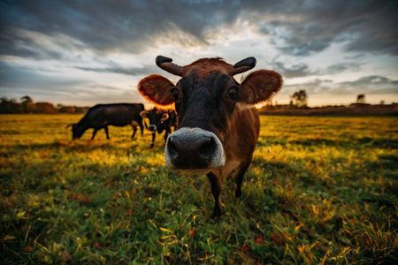 Cows on green meadow. Cow muzzle, close up, selective focus.