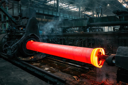 Iron pipe centrifugal pipe casting machine at the foundry.