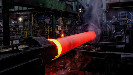 Iron pipe centrifugal pipe casting machine at the foundry.
