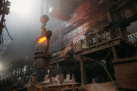 Iron casting and the foundry. Overhead crane with ladle with molten metal at metallurgical factory.