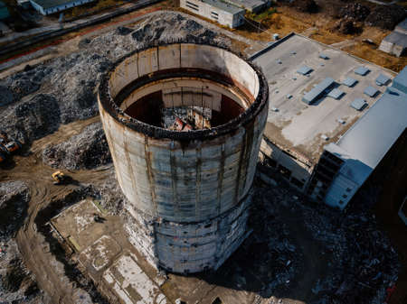 Aerial view of demolition site. Process of demolition of old industrial building.の写真素材