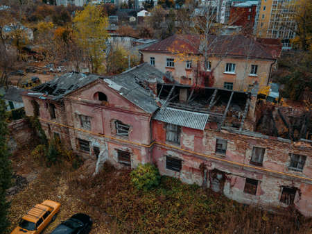 Old abandoned haunted mansion, aerial view. Former mercant Gardenin house, Voronezhの写真素材