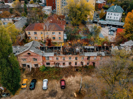 Old abandoned haunted mansion, aerial view. Former mercant Gardenin house, Voronezhの写真素材