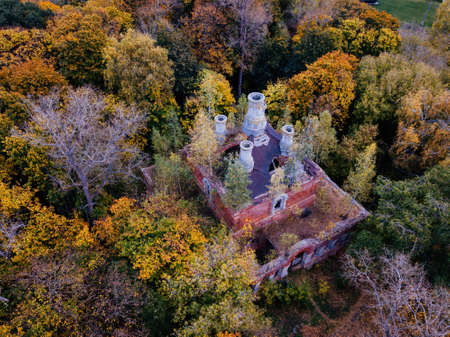 Abandoned Russian orthodox All Saints Church in Plavsk, Tula region, aerial view in autumnの写真素材