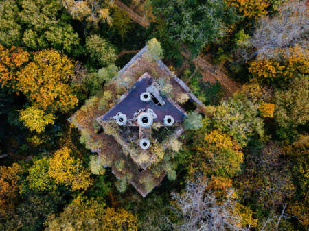 Abandoned Russian orthodox All Saints Church in Plavsk, Tula region, aerial view in autumnの写真素材
