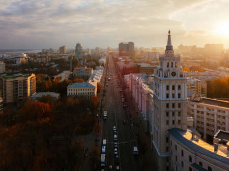 Evening autumn Voronezh, aerial view. Tower of management of south-east railway and Revolution prospect.の写真素材