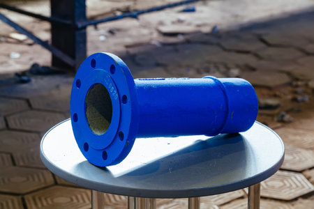 Cast iron metal pipe connection with flange on gray table.