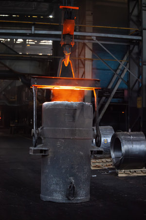 Iron casting at the foundry. Overhead crane with ladle with molten metal at metallurgical factory.