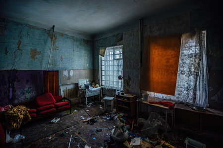 Inside old Orlovka Asylum for the insane in Voronezh Region. Dark creepy abandoned mental hospital.の写真素材