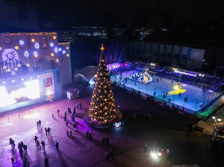 Street illumination during new year celebration in central Theatrical square in Kursk, Russia, Jan 01, 2021, aerial view.のeditorial素材