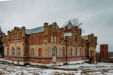 Old abandoned ruined mansion in Gothic style in Kursk oblast, Russia.の写真素材