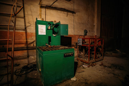 Abandoned concrete factory at night. Old rusty machinery.