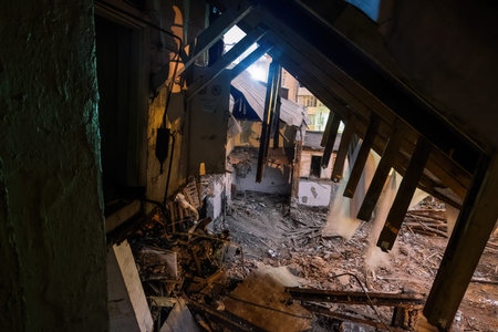 Ruined factory interior. Consequences of disaster, war or demolition.