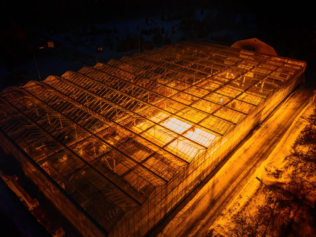 Glowing modern glass greenhouse in winter night, aerial view.の写真素材