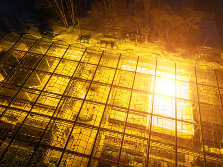 Glowing modern glass greenhouse in winter night, aerial view.