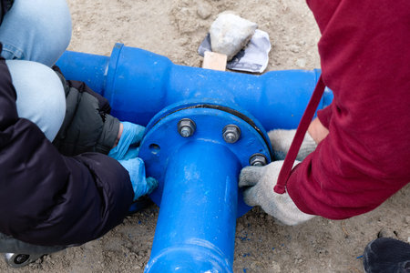 Workers installing water supply pipeline system, close up.