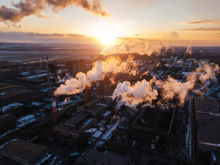 Industrial landscape at the sunset, aerial view. Smoke coming out from factory chimneys.
