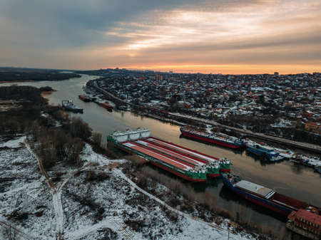 Aerial view of port and cargo ships in river Don, Rostov-on-Don.の写真素材