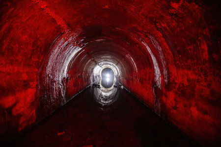 Flooded round sewer tunnel with water reflection red illuminated.の写真素材