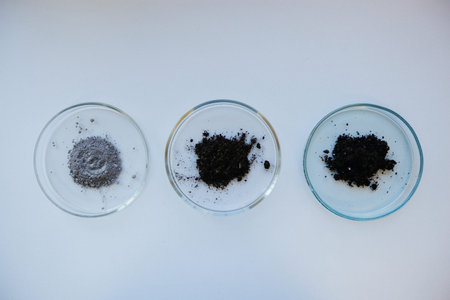 Petri dish with soil sample on white lab table