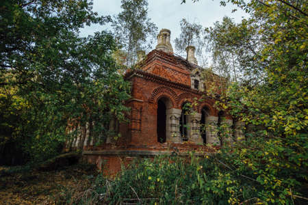 Old ancient abandoned church ruins overgrown by plants.の写真素材
