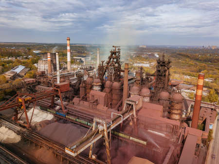 Blast furnace equipment of the metallurgical plant, drone aerial view.の写真素材