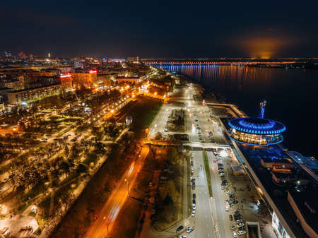 Volgograd embankment, promenade in the Park at night, aerial view from drone.の写真素材