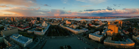 Panorama of Evening spring central Voronezh cityscape at sunset, aerial view.