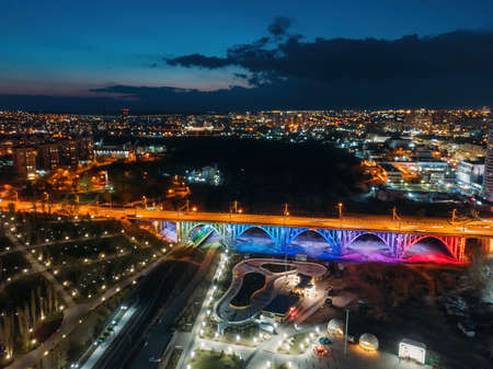 Night Volgograd skyline, aerial view from drone.の写真素材