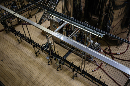 Modern winery production line. Storage vats and bottling equipment.