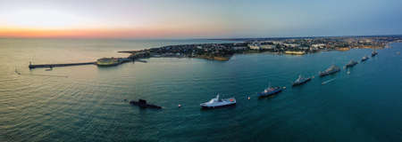 Russian fleet parade in Sevastopol bay at Navy day, aerial view.の写真素材