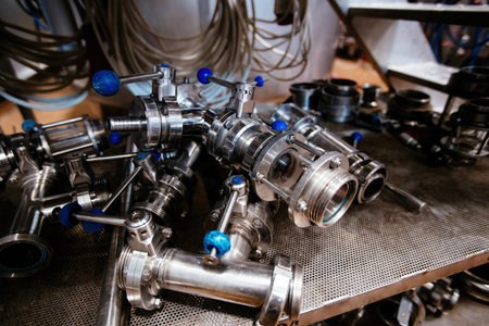 Stainless steel pipe connectors with valves on the table