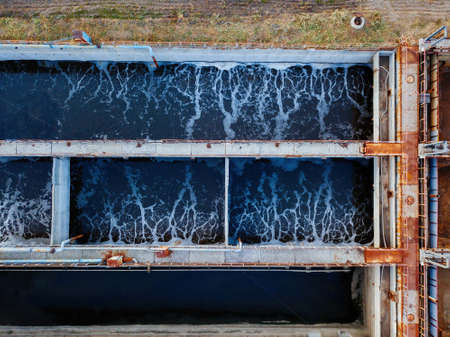 Modern sewage treatment plant, aerial view from drone.の写真素材