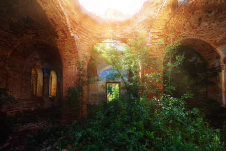 Old ancient abandoned red brick ruins overgrown by plants.の写真素材
