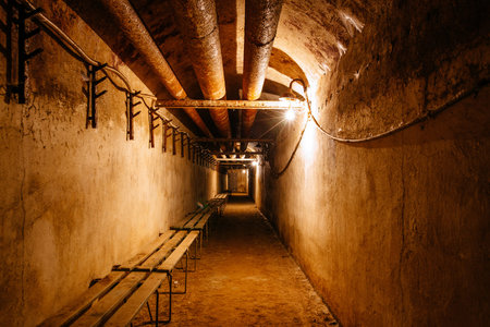 Corridor at old abandoned dirty Soviet bunker.