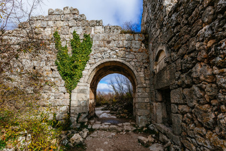 Old ruined fortress gate, Mangup-Kale city in the Republic of Crimea.の写真素材
