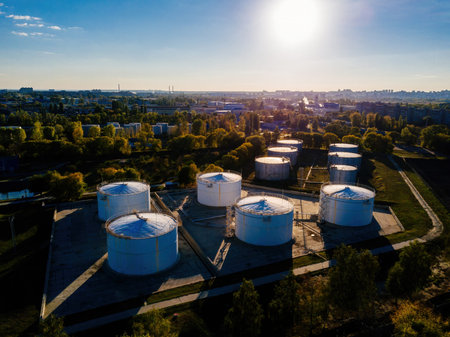 Petrol industrial zone. Aerial view of round tanks.