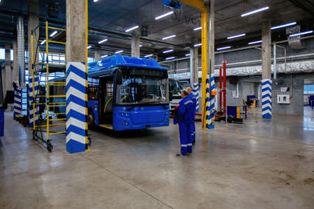 Buses in the modern repair service workshop.の写真素材