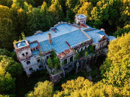 Old ruined overgrown abandoned mansion, aerial view. Former manor Stepanovskoe-Pavlishchevo, Kaluga region.の写真素材