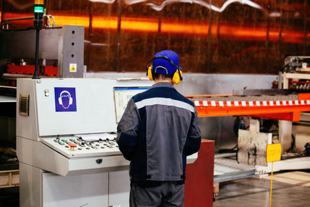 Factory worker operating CNC machine in metalworking workshop.