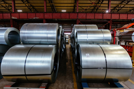 Rolls of galvanized steel sheet inside the factory warehouse.の写真素材