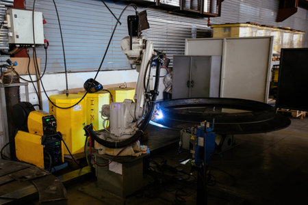 Industrial robot is welding metal machine part.