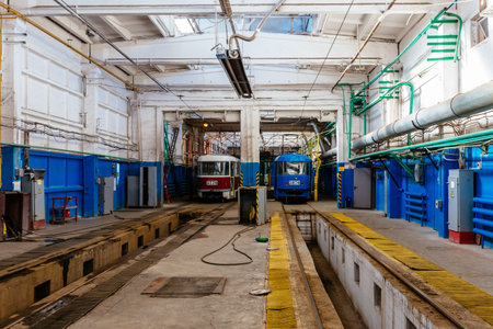 Trams in service depot. Maintenance and repair of trams.