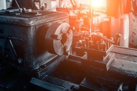 Lathe in the workshop, close up view.