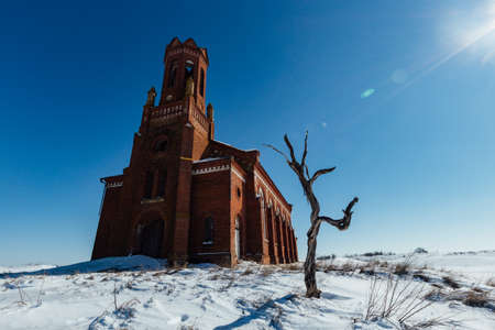 Old abandoned Lutheran church Walter in winter.の写真素材