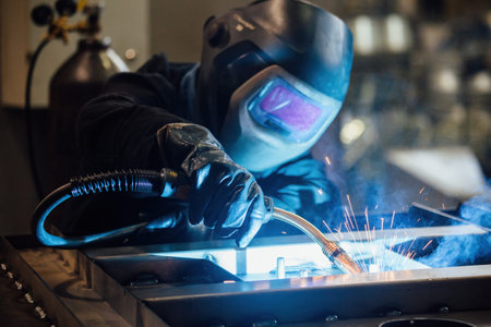 Factory worker in protective mask welding iron parts.