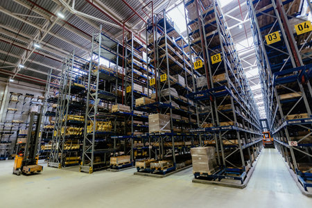 Modern warehouse interior with shelves and boxes.